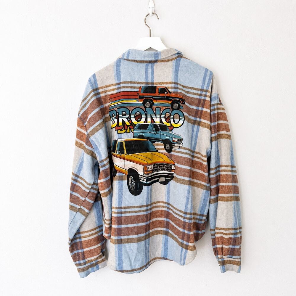 Ford Bronco Plaid Flannel Shacket Women XXL Blue Brown Wool Blend Western